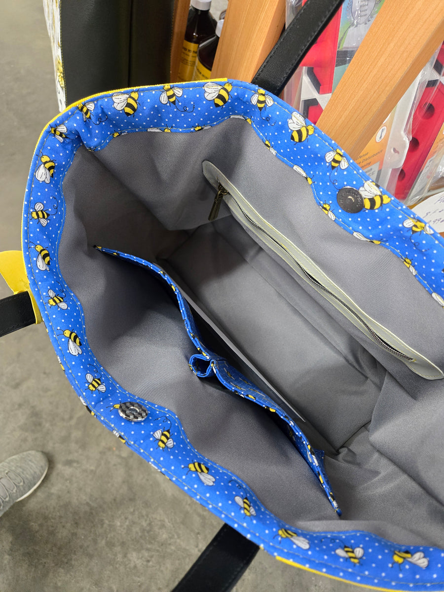 Large Handmade Tote Bag Blue and Yellow Bees Miller Bee Supply